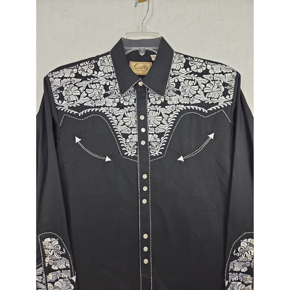 Scully Gunfighter Black White Embroidered Men's Medium Pearl Snap Western Shirt - Picture 2 of 10